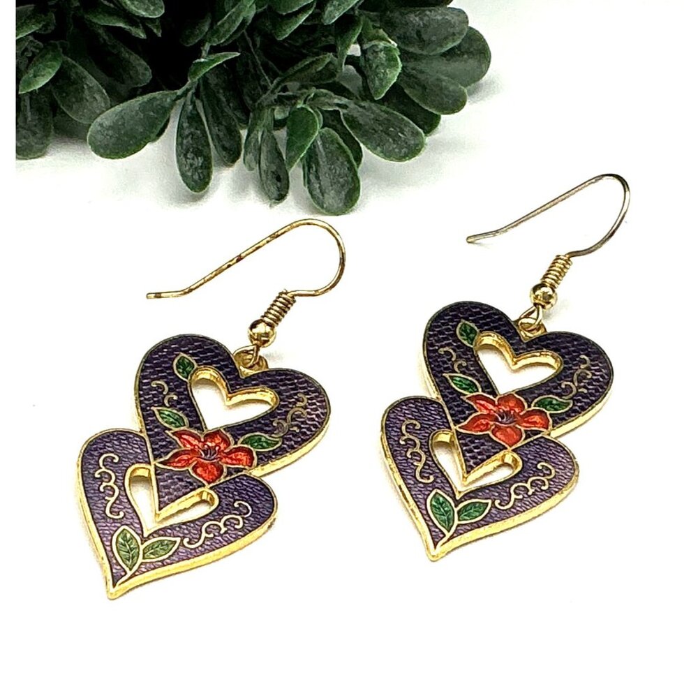 Vintage Style Cloisonne Purple Heart-Shaped Dangle Earrings With Floral Design